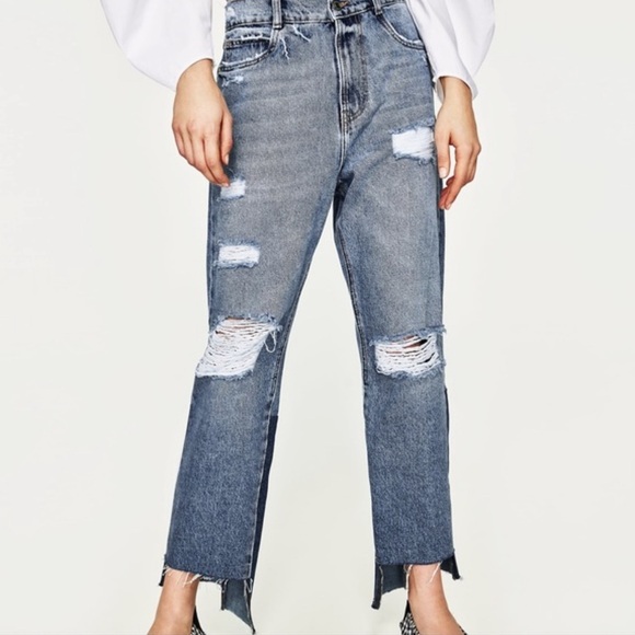 Zara Two Tone Raw Hem Straight Cut Jeans - Picture 3 of 16